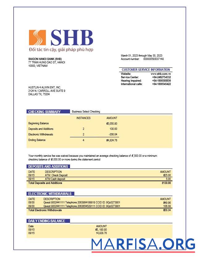Downloadable Saigon Hanoi Bank (SHB) organization account statement Word and PDF template
